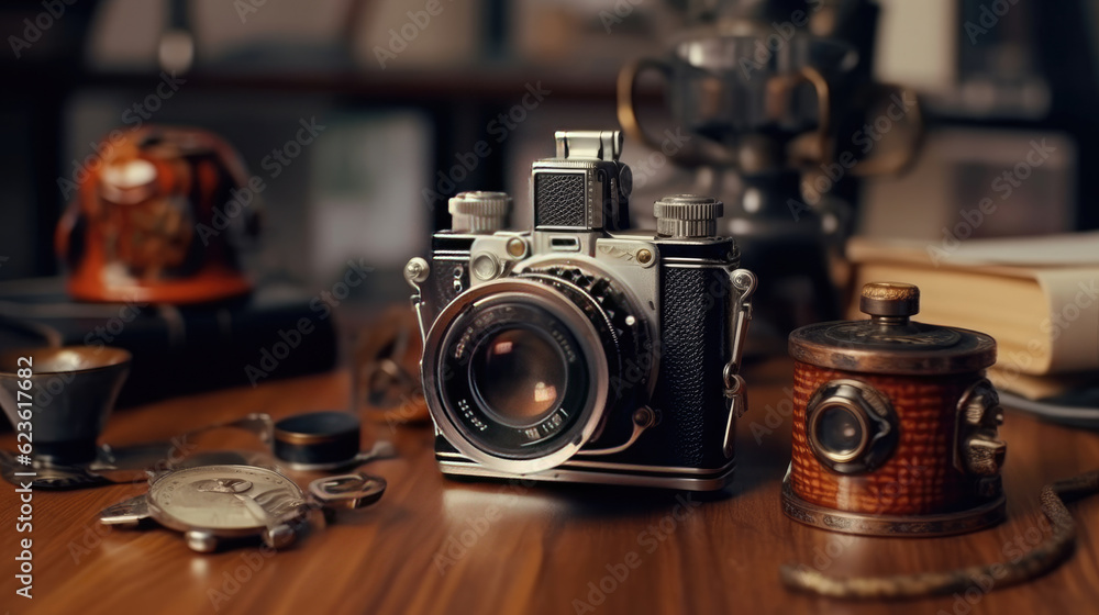 A vintage camera on the desk