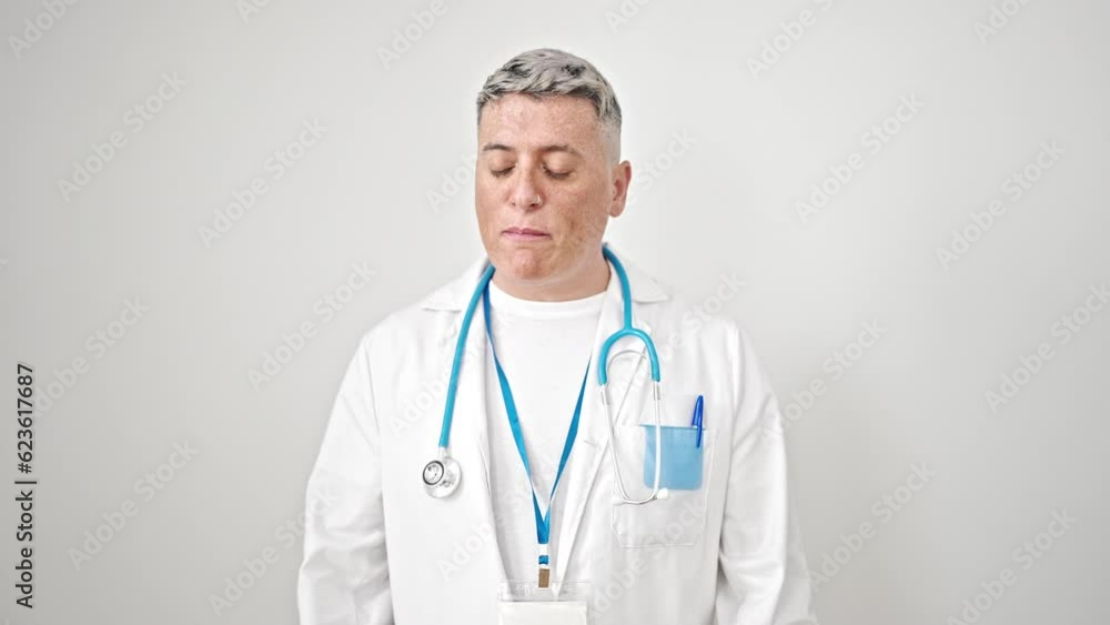 Young caucasian man doctor angry and stressed over isolated white background Young caucasian man doctor angry and stressed over isolated white background