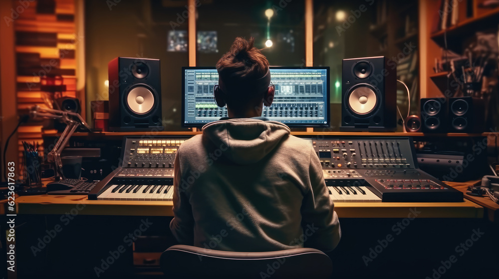 A music producer is making a song in the recording studio - obrazy, fototapety, plakaty 