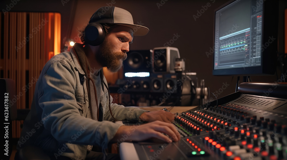 A music producer is making a song in the recording studio A music producer is making a song in the recording studio