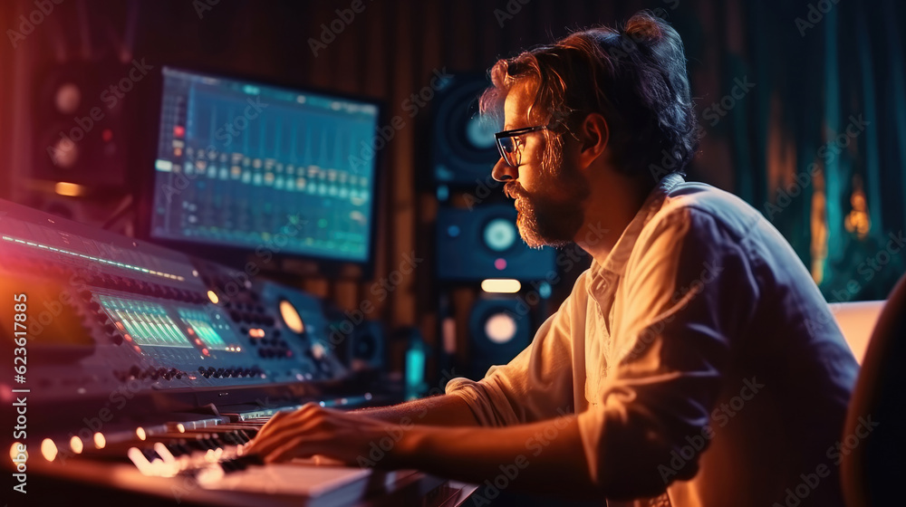 A music producer is making a song in the recording studio A music producer is making a song in the recording studio