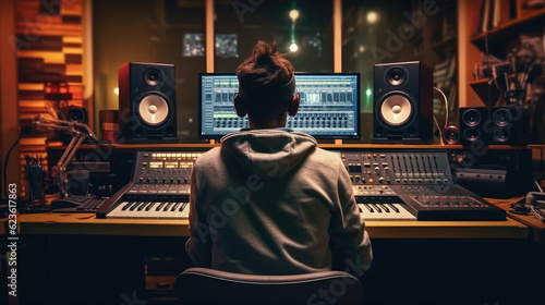 A music producer is making a song in the recording studio photo