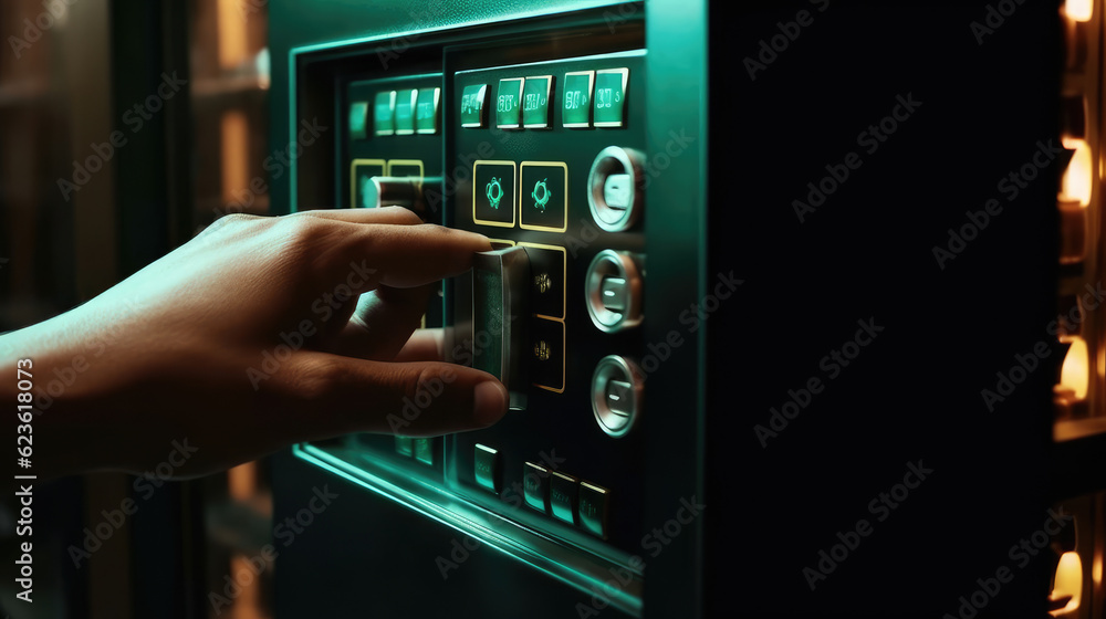 Close-up of a hand placing a random code into a security safe with a digital keypad lock Close-up of a hand placing a random code into a security safe with a digital keypad lock
