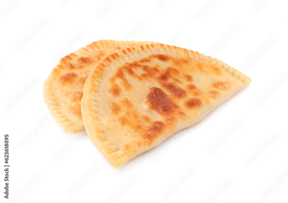 Delicious fried chebureki with cheese isolated on white