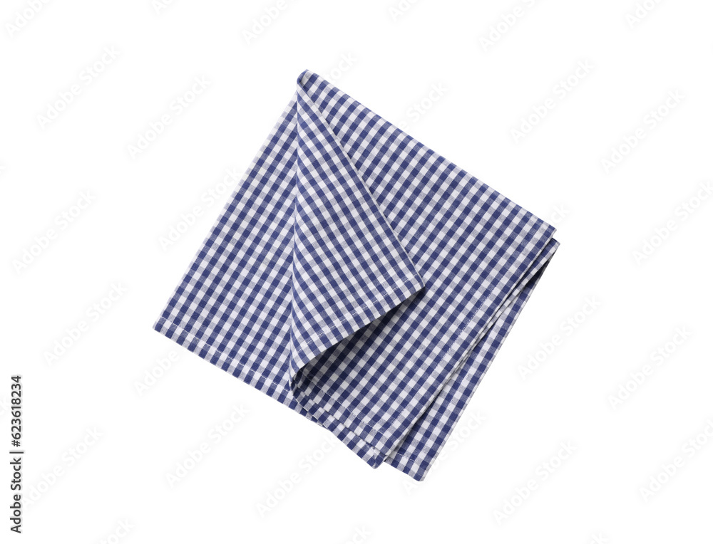Blue checkered tablecloth on white background, top view Blue checkered tablecloth on white background, top view