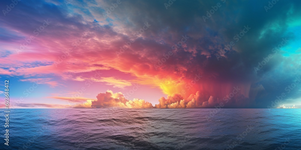 Rainbow sky in ocean dramatic photo nature, AI Generated