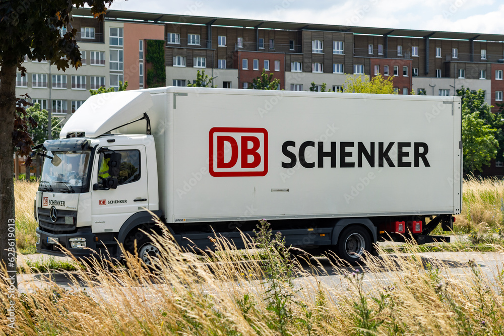 DRESDEN, GERMANY 24. June 2023 DB Schenker logo sign on a big truck