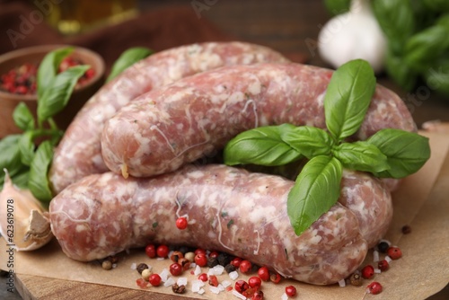 Raw homemade sausages and different spices on wooden board, closeup