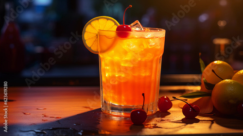 Tasty Tequila Sunrise with Tequila Orange Juice Grenadine served on a table top ultra detailed studio lights on dark background product photo for restaurant generative ai