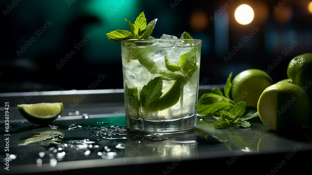 Tasty Mojito with Rum Lime Juice Mint Sugar served on a table top ultra detailed studio lights on dark  background product photo for restaurant generative ai