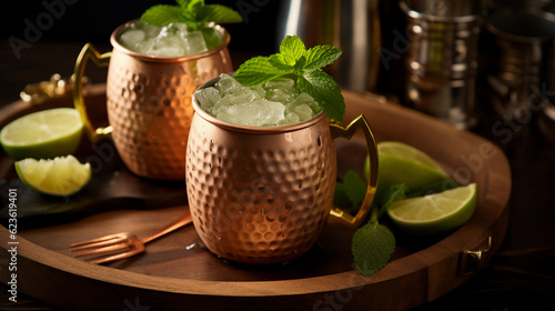 Tasty Moscow Mule with Vodka Ginger Beer Lime Juice Cucumber served on a table top ultra detailed studio lights on dark background product photo for restaurant generative ai