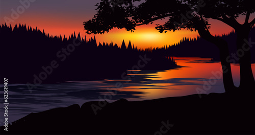 Vector illustration of beautiful calm sunset at river © Johnster Designs