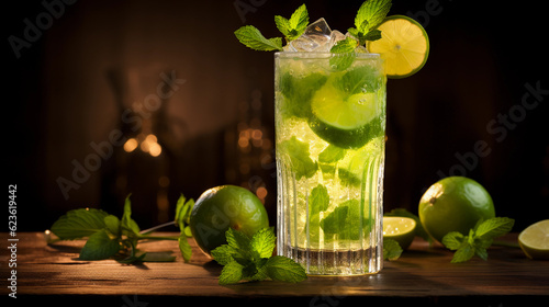 Tasty Mojito with Rum Lime Juice Mint Sugar served on a table top ultra detailed studio lights on dark background product photo for restaurant generative ai