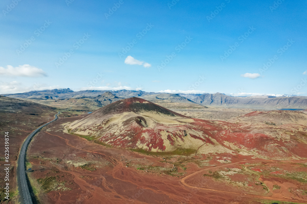 Aerial drone view of the volcanic landscape and craters of Berserkjahraun in West Iceland