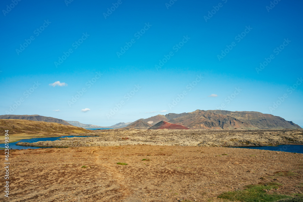 View of the volcanic landscape and craters of Berserkjahraun in West Iceland