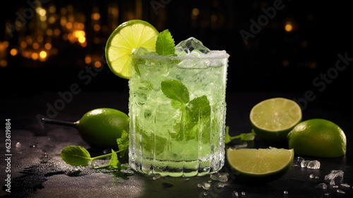 Tasty Caipiroska with Vodka Limes Sugar served on a table top ultra detailed studio lights on dark background product photo for restaurant generative ai