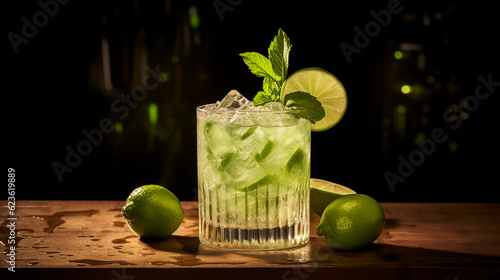 Tasty Caipirinha with Cacha�a Limes Sugar served on a table top ultra detailed studio lights on dark  background product photo for restaurant generative ai photo