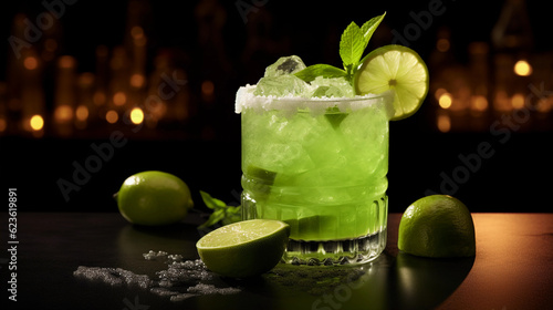 Tasty Caipirinha with Cachaca Limes Sugar served on a table top ultra detailed studio lights on dark background product photo for restaurant generative ai