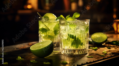 Tasty Caipirinha with Cacha�a Limes Sugar served on a table top ultra detailed studio lights on dark  background product photo for restaurant generative ai