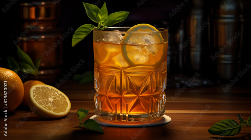 Tasty Amaretto Sour with Amaretto Lemon Juice Sugar Egg White served on a table top ultra detailed studio lights on dark background product photo for restaurant generative ai Tasty Amaretto Sour with Amaretto Lemon Juice Sugar Egg White served on a table top ultra detailed studio lights on dark background product photo for restaurant generative ai