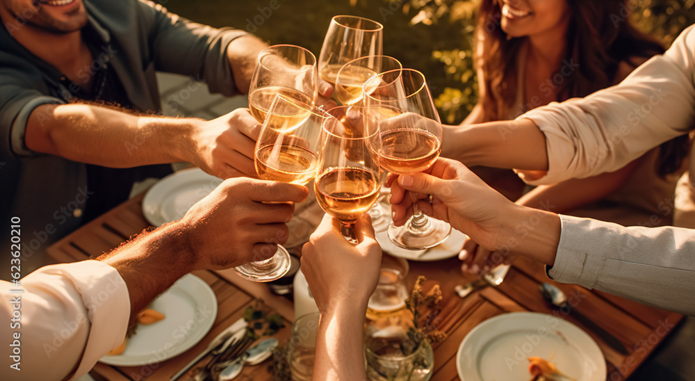 Obraz premium Happy friends having fun outdoor. Group of friends having backyard dinner party together. Young people sitting at bar table toasting wine glasses in vineyards garden. digital ai
