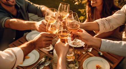 Happy friends having fun outdoor. Group of  friends having backyard dinner party together. Young people sitting at bar table toasting wine glasses in vineyards garden.  digital ai