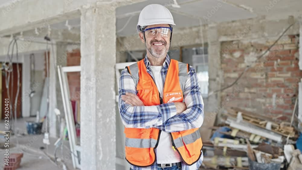 Middle age man builder smiling confident standing with arms crossed gesture at construction site Middle age man builder smiling confident standing with arms crossed gesture at construction site