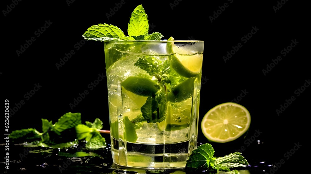 Mojito drink, showcasing its vibrant colors and enticing presentation. The glass is filled with a mixture of lime, mint leaves, and rum, creating a visually appealing combination. Mojito drink, showcasing its vibrant colors and enticing presentation. The glass is filled with a mixture of lime, mint leaves, and rum, creating a visually appealing combination.