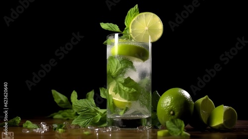 Mojito drink, showcasing its vibrant colors and enticing presentation. The glass is filled with a mixture of lime, mint leaves, and rum, creating a visually appealing combination. 