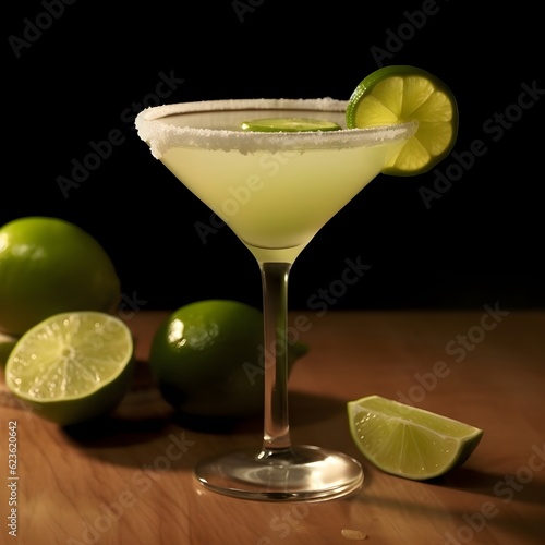 Margarita drink glass elegantly adorned with a salt rim, adding a touch of visual and flavor contrast. 