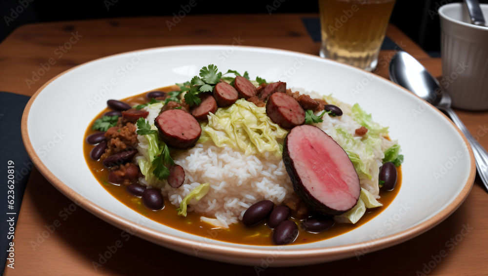 prato com arroz branco feijão preto repolho e linguiça prato com arroz branco feijão preto repolho e linguiça