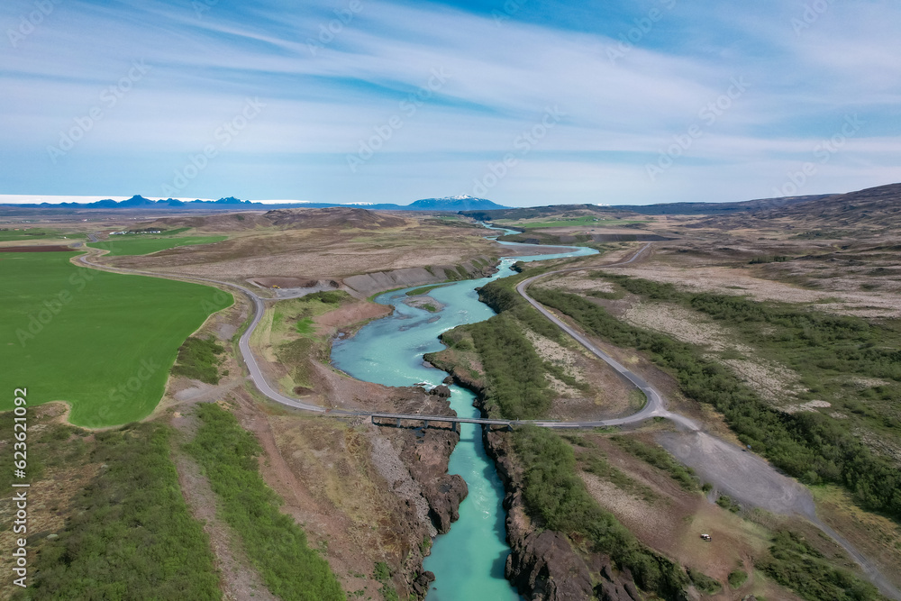 Aerial view of the bridge over the Hvitá River at Brúarhlöð Canyon in Iceland