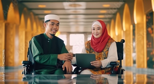 Muslim couples with dissability sitting in wheelchair and holding Quran with view of Kaaba photo