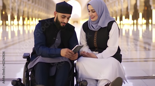 Muslim couples with dissability sitting in wheelchair and holding Quran with view of Kaaba photo