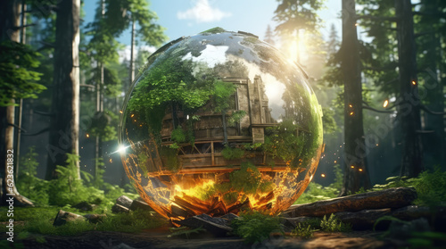 a big crystal ball full of green trees with nature and life inside the crystal vola  in the middle of a post-apocalyptic burning world  4k  qhd  hyper-realistic  full of details