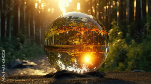 a big crystal ball full of green trees with nature and life inside the crystal vola  in the middle of a post-apocalyptic burning world  4k  qhd  hyper-realistic  full of details