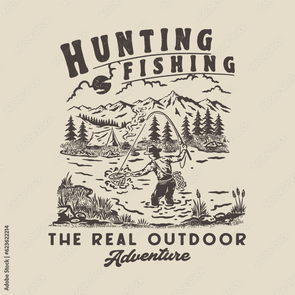 fishing illustration river graphic lake design fish vintage camp emblem outdoor t shirt mountains hunting forest
