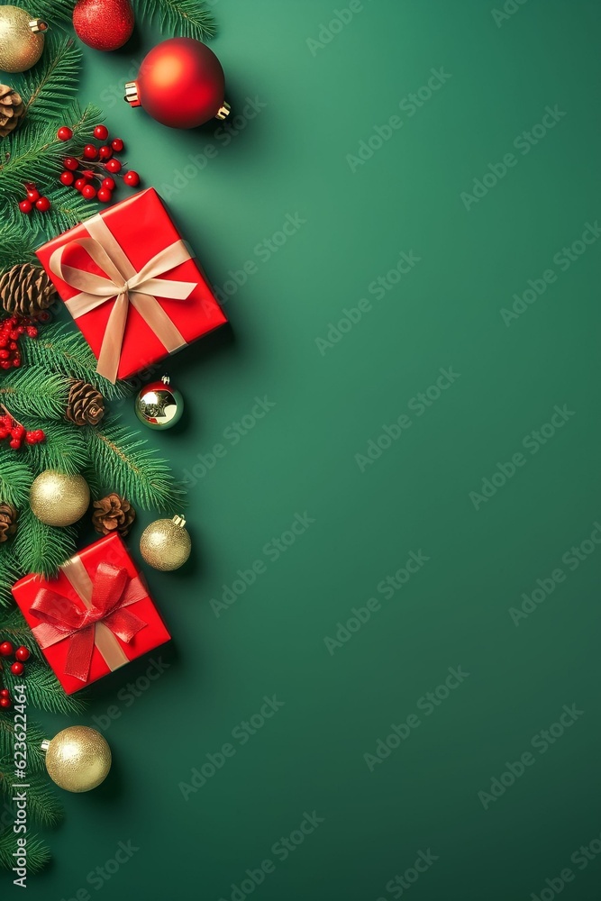Christmas banner with gift boxes, ribbon, oak tree branches, and red ornaments on green background Christmas banner with gift boxes, ribbon, oak tree branches, and red ornaments on green background