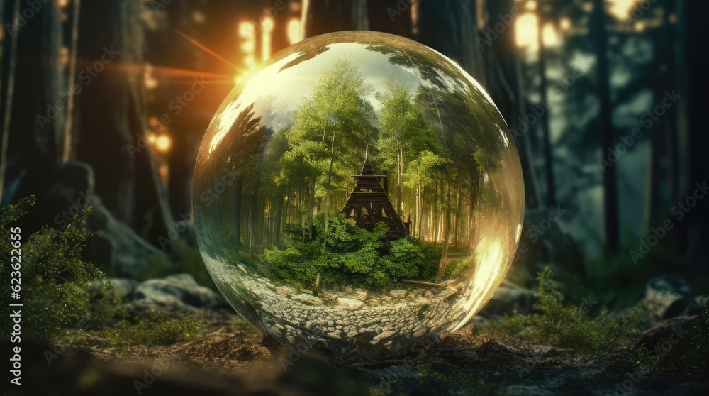 a big crystal ball full of green trees with nature and life inside the crystal vola, in the middle of a post-apocalyptic burning world, 4k, qhd, hyper-realistic, full of details a big crystal ball full of green trees with nature and life inside the crystal vola, in the middle of a post-apocalyptic burning world, 4k, qhd, hyper-realistic, full of details