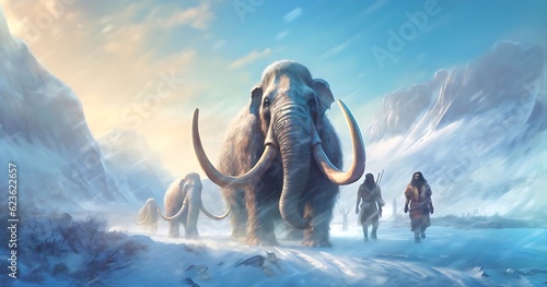 Woolly mammoths migrating with cave men photo