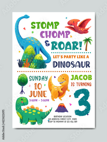 Birthday invitation card with dinosaur theme watercolor background template