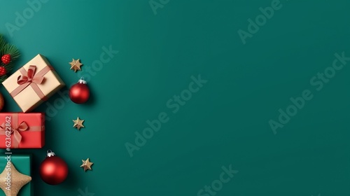 Christmas banner with gift boxes, ribbon, oak tree branches, and red ornaments on green background