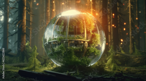 a big crystal ball full of green trees with nature and life inside the crystal vola  in the middle of a post-apocalyptic burning world  4k  qhd  hyper-realistic  full of details