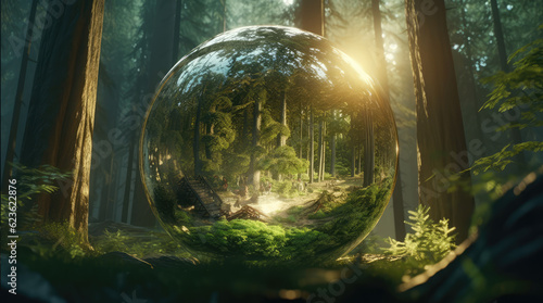 a big crystal ball full of green trees with nature and life inside the crystal vola, in the middle of a post-apocalyptic burning world, 4k, qhd, hyper-realistic, full of details