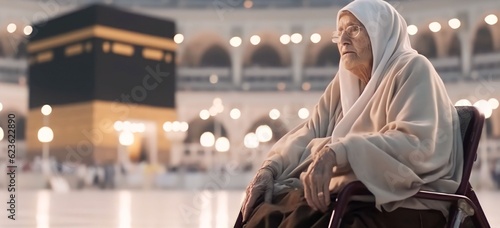 Muslim old woman with dissability sitting in wheelchair and holding Quran with view of Kaaba photo