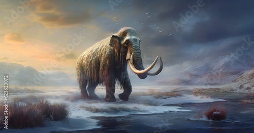 Woolly mammoth wandering alone in the ice age 