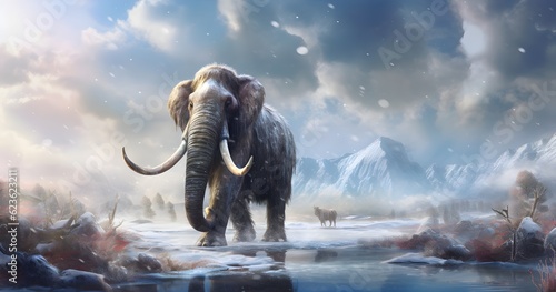 Mammoth migrating through a snowy wasteland 