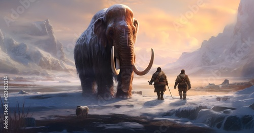 Cave men confront a mammoth inside a snowy wasteland