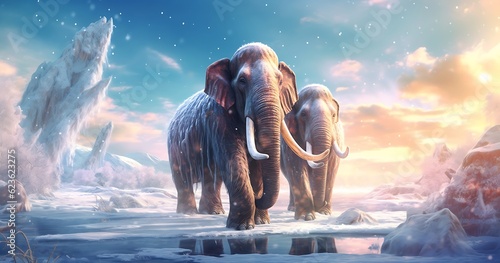Mammoth couple traveling together in the ice age