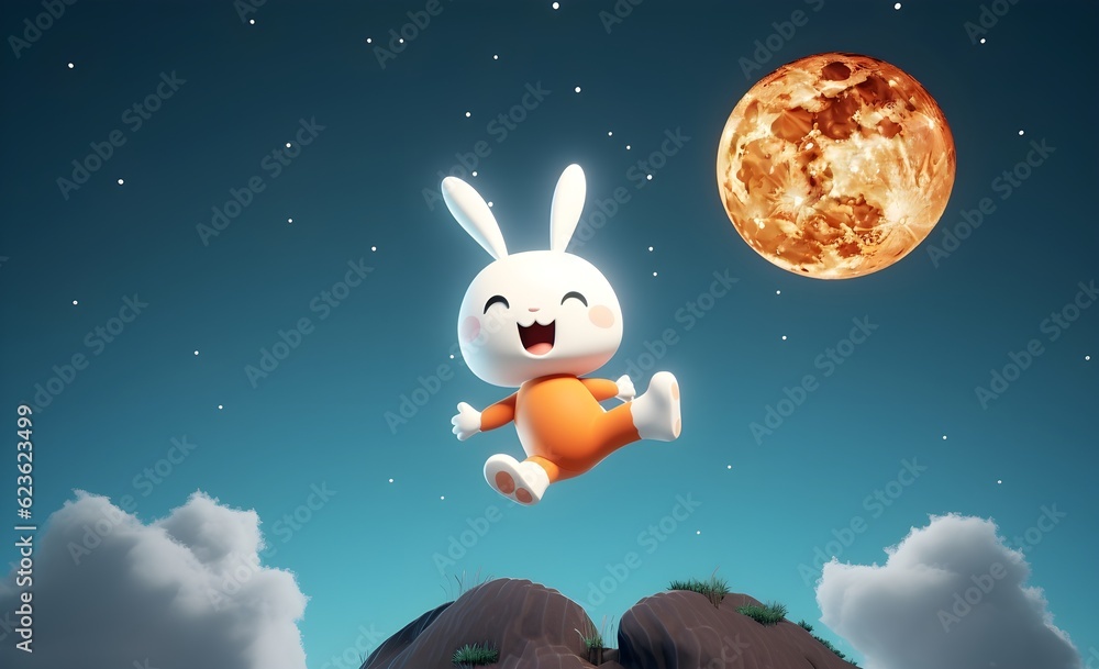생성형 인공지능으로 만든 달을 등지고 하늘로 뛰어오르는 귀여운 토끼